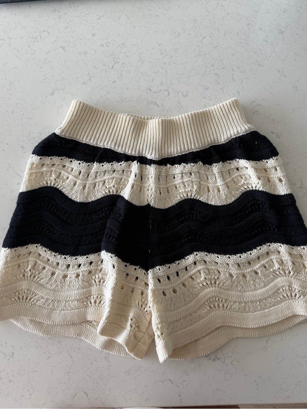 Anthropologie Navy and Cream Striped Knit High-Waist Shorts